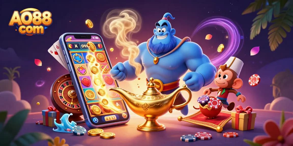 Engage with thrilling slots and rewards at AO88 com with dynamic casino elements and vibrant illustrations.