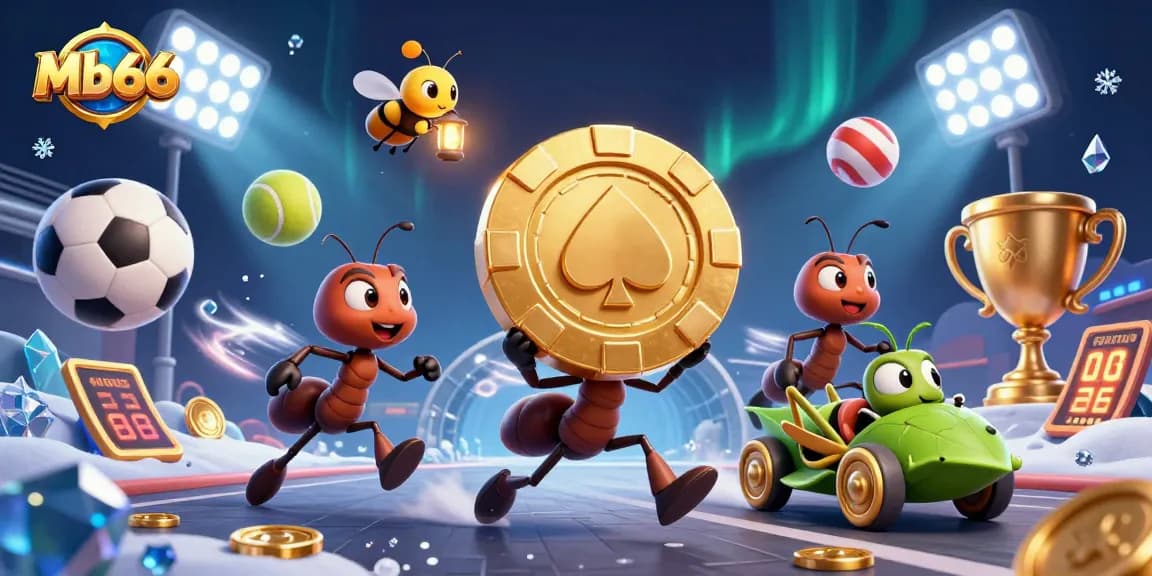 Ants and a grasshopper transport a giant poker chip for Mb66, surrounded by flying sports elements.