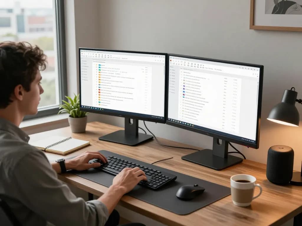 Workspace showcasing tech gadgets for productivity, including monitors, Bluetooth keyboard, and ergonomic setup.