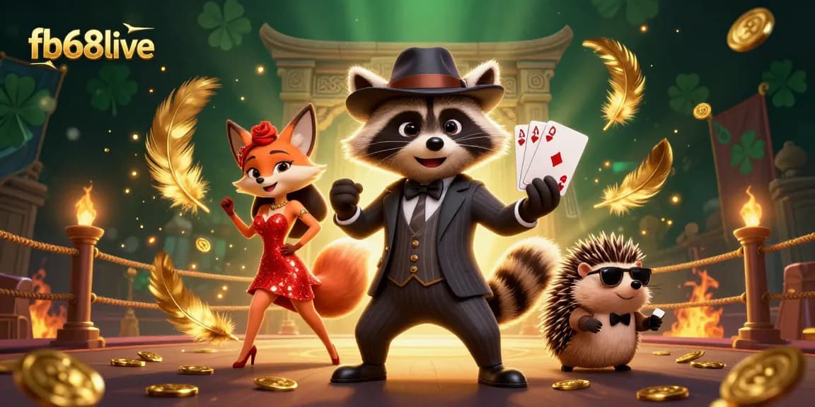 Join the action at fb68live with a charming raccoon and friends in this vibrant casino scene.