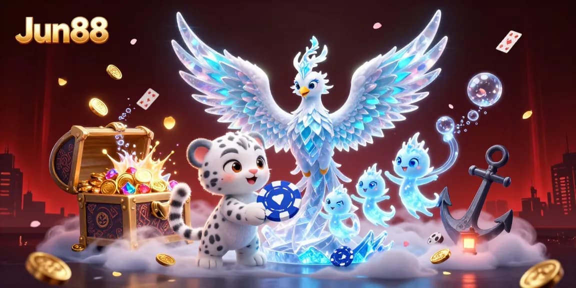 Experience the thrill at Jun88 as glowing ice sprites dance around a charming phoenix and snow leopard cub amidst a vibrant casino-themed scene.