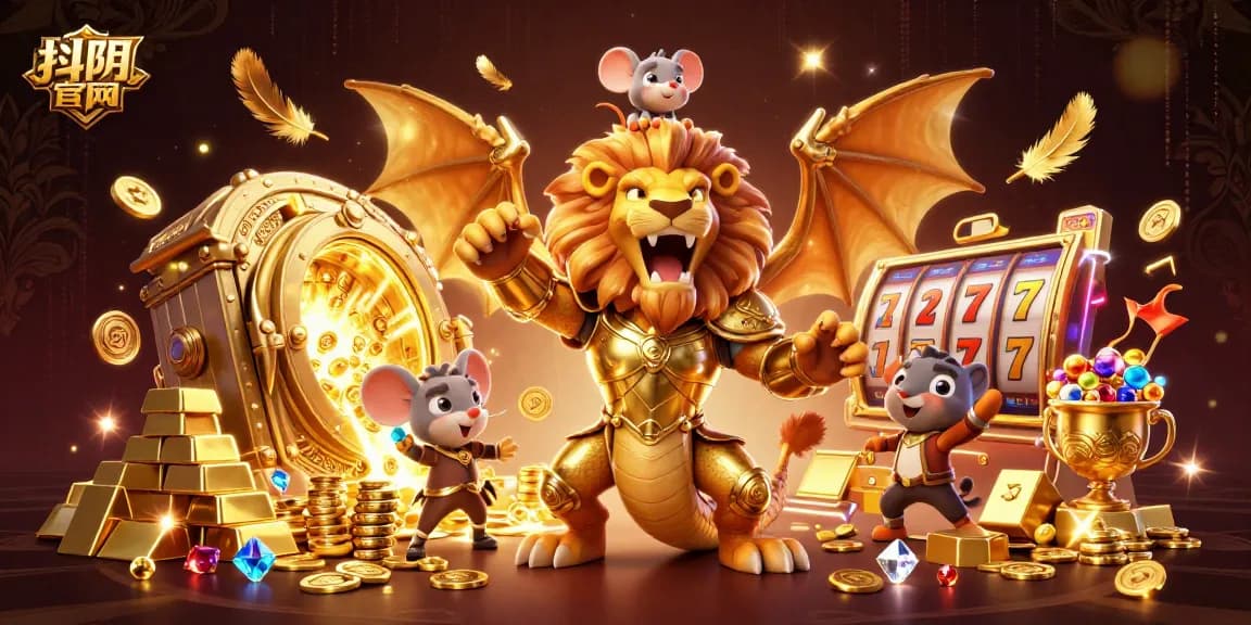 Experience the vibrant thrill of 抖阴官网 with a dynamic, golden armored chimera in a casino-themed scene.