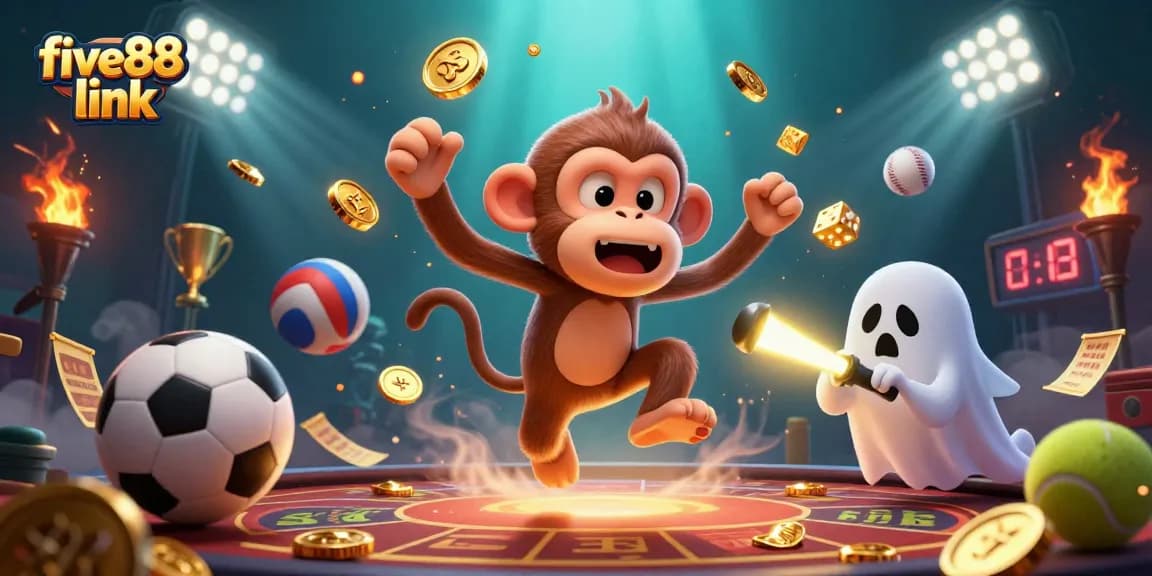 Engage with five88 link while exploring a haunted casino with playful characters and dynamic gaming elements.