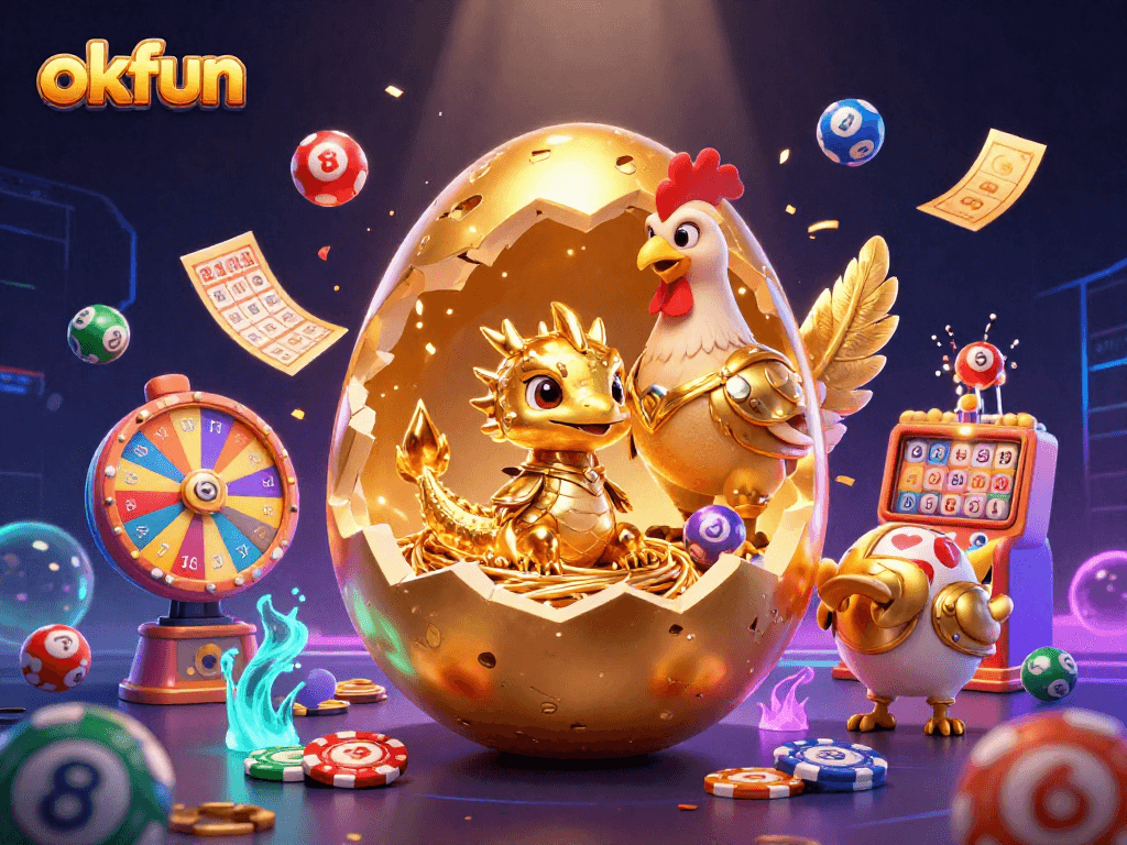 Engage in the thrilling world of okfun as golden dragon baby emerges from an egg amidst vibrant games.