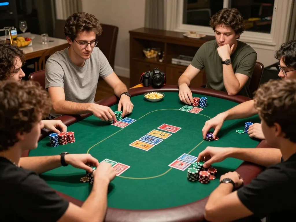 8day poker game night with friends playing Texas Hold'em at home, showcasing excitement and strategy.