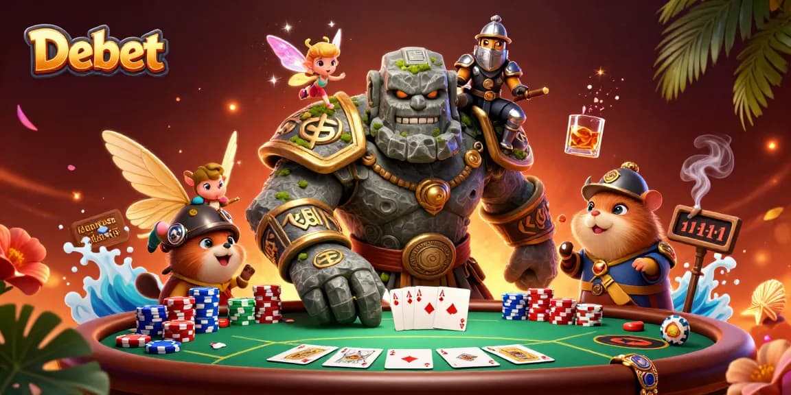 Engage with Debet gaming scenes featuring a golem, a fairy, and a hamster knight at a vibrant poker table.