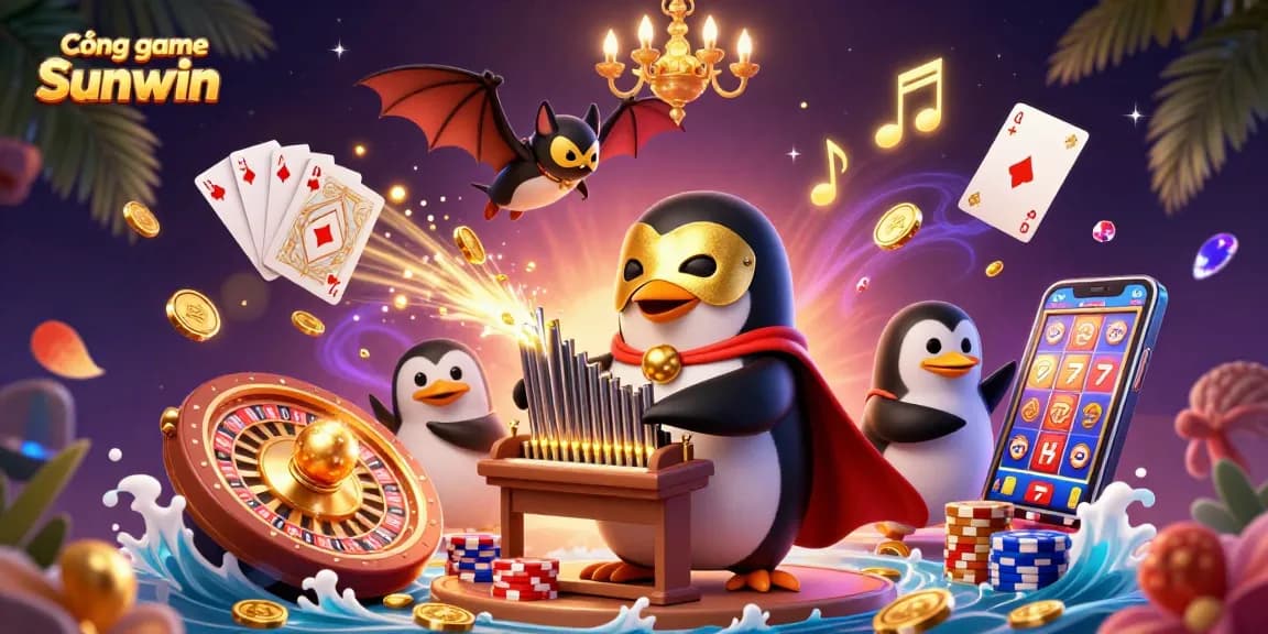 Cổng game Sunwin features a vibrant 3D cartoon scene with a penguin playing an organ, surrounded by dazzling game elements.