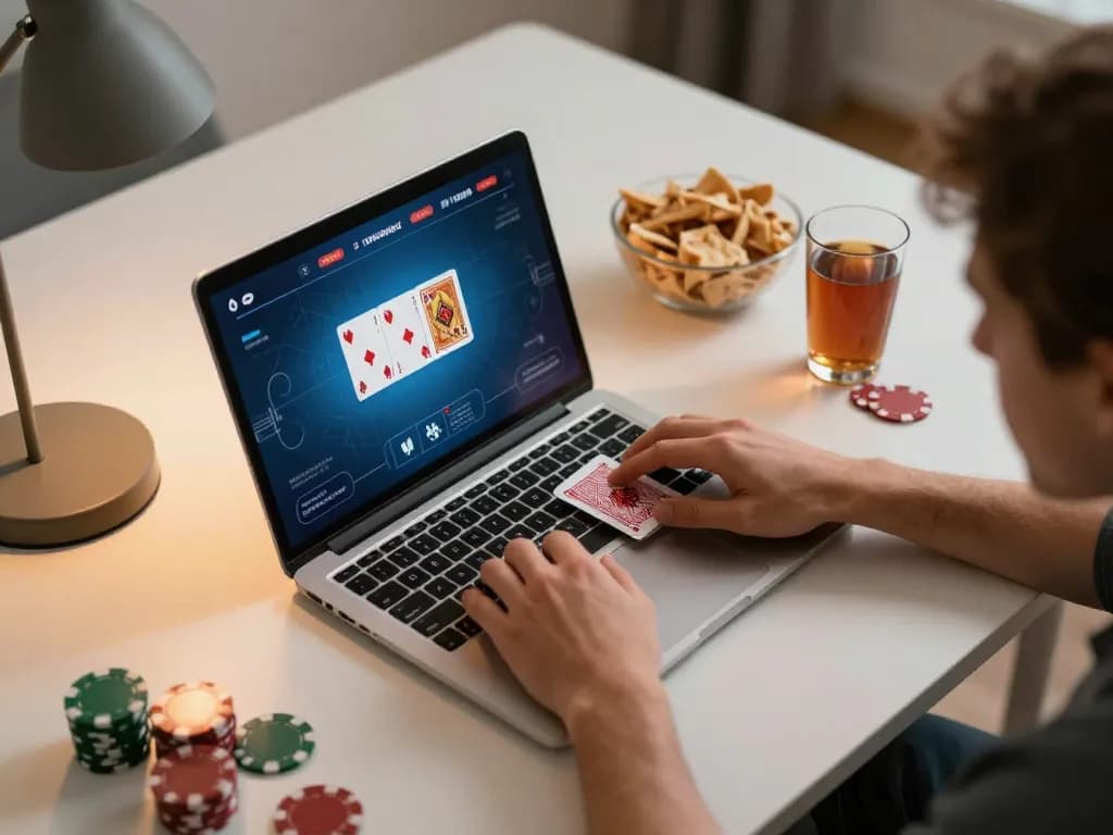 Player engaging in online poker game at home using sunwingo platform, snack and drink nearby, emphasizing strategic gameplay.