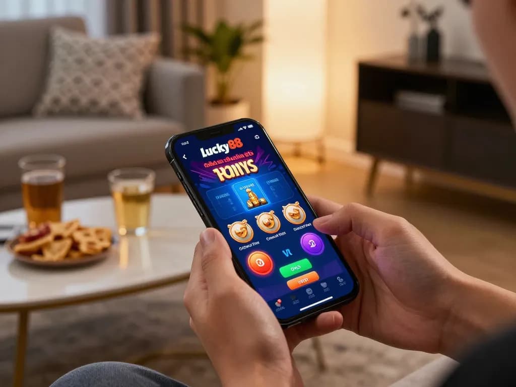Engaged player using Lucky88 chính thức app on smartphone in cozy home setting