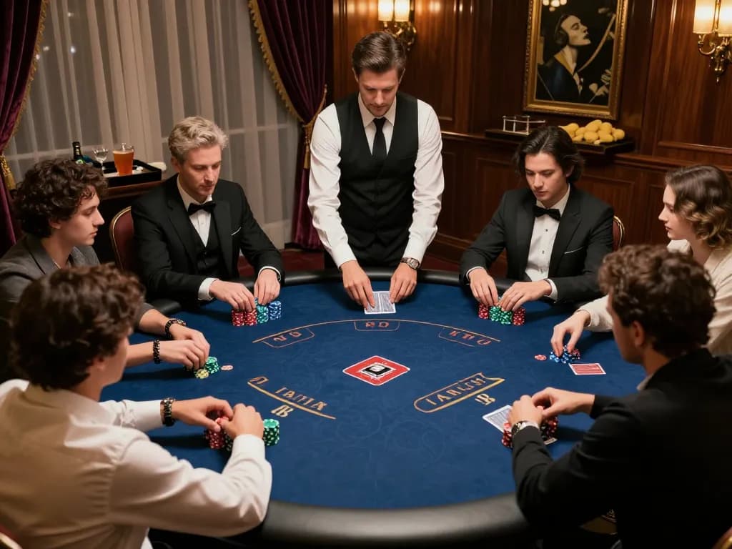 Engaged players at a Rik88 online poker game in a luxurious setting, showcasing strategic gameplay and camaraderie.