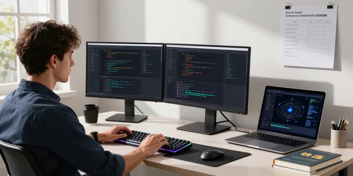 快连 network optimization workspace with a developer coding, dual monitors displaying performance metrics, enhancing productivity.