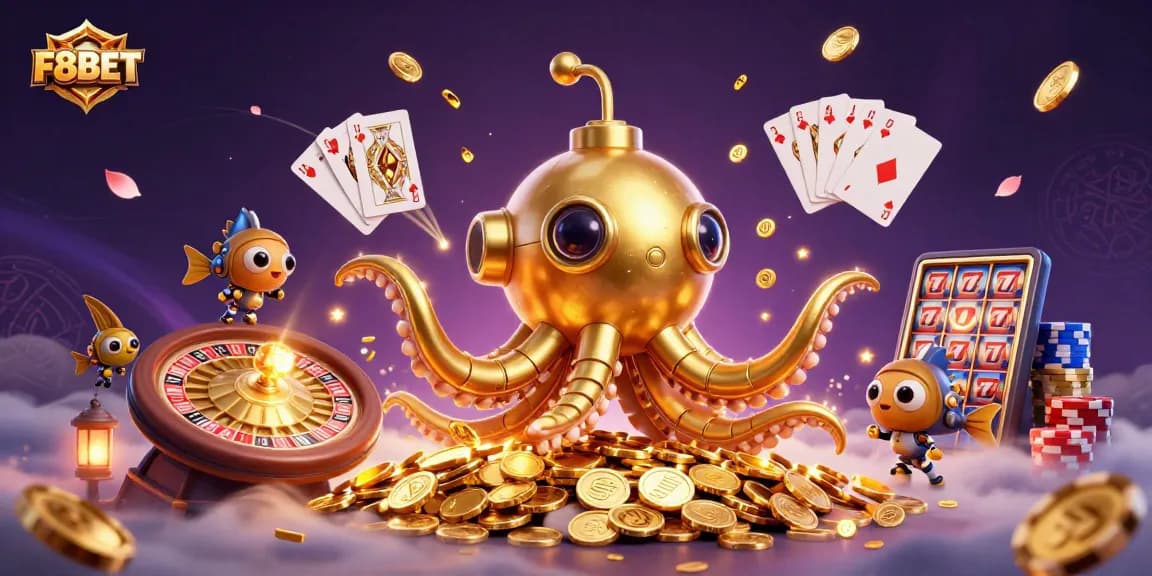 Experience thrilling gameplay with F8BET's vibrant 3D scene featuring a winning kraken and casino elements.