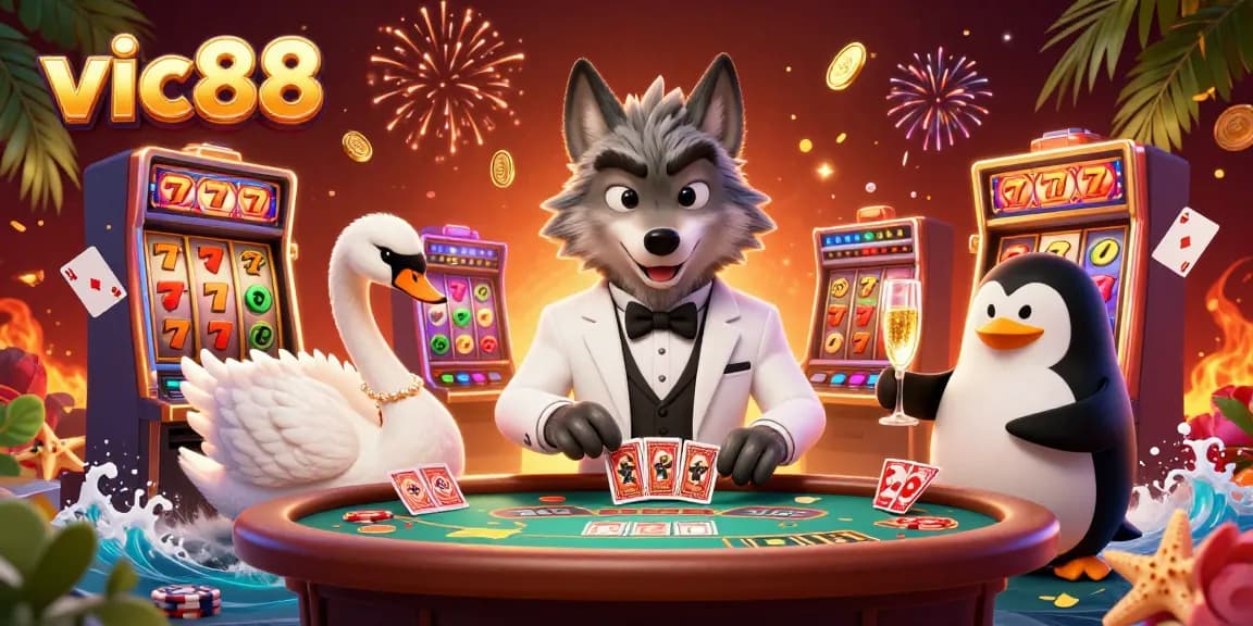 Experience vic88 excitement at a vibrant casino scene featuring animated characters and gaming elements