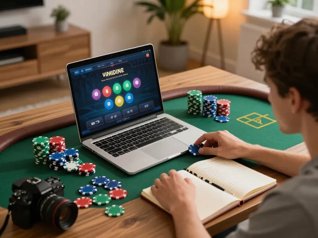 Engaging in online gameplay at home with vin88, showcasing colorful poker chips and strategic notes.