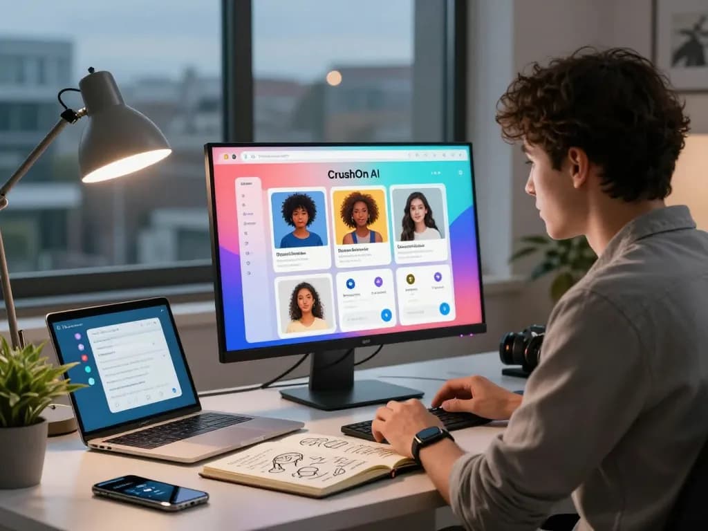 Exciting interaction with CrushOn AI chatbot showcasing colorful avatars and vibrant technology experience.