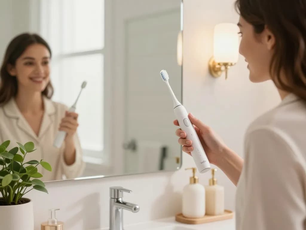 Woman brushing teeth with Laifen electric toothbrush in modern bathroom setting.