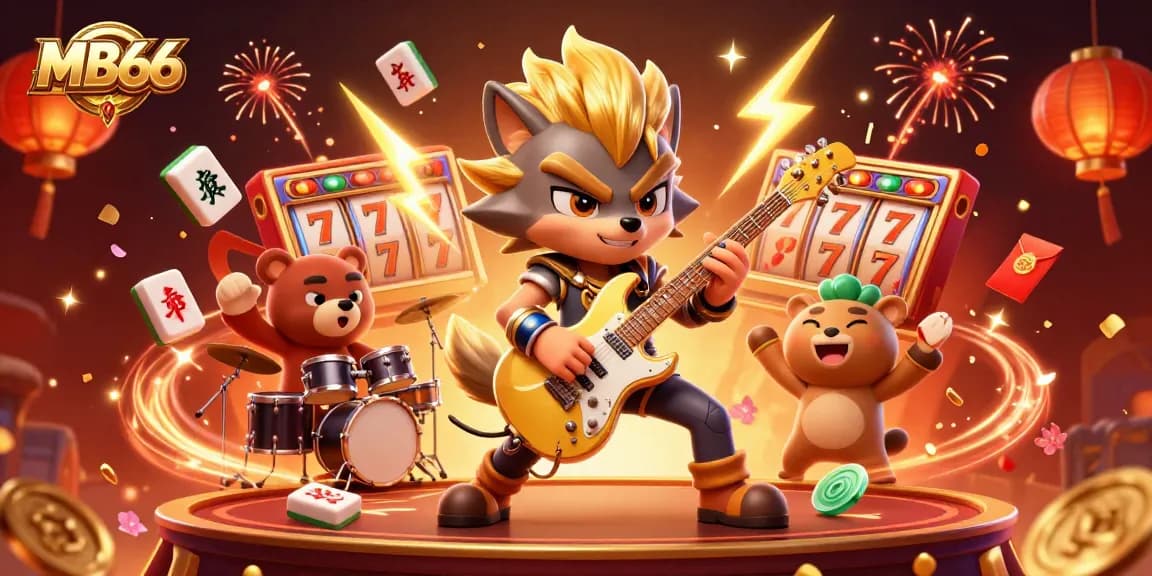 Engaging with MB66, a cartoon wolf and bear rock band performing amidst vibrant 3D casino elements.