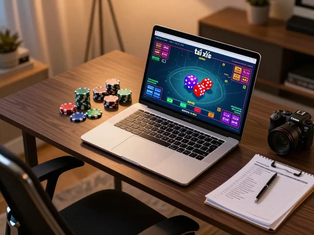 Engaging in a tài xỉu online game from a stylish home office, showcasing responsible gambling practices.