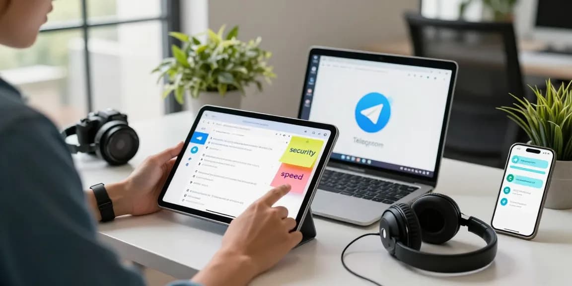 Telegram download on a tablet in a modern workspace, highlighting features of the app.