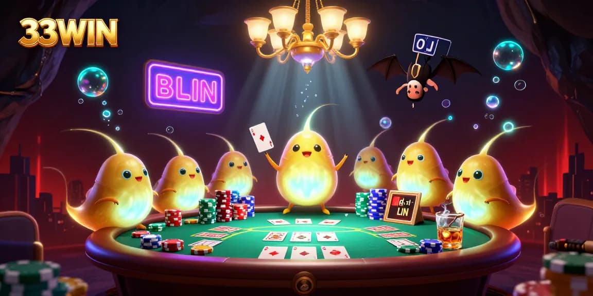 33WIN brings excitement to poker with a vibrant, shimmering cave casino scene.