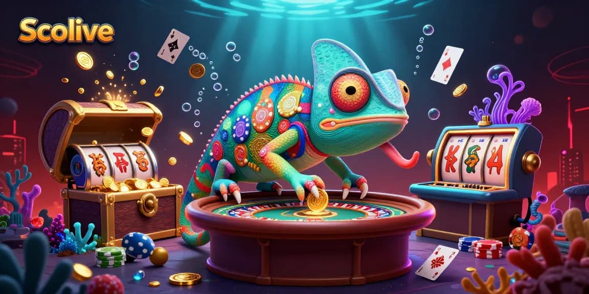 Experience thrilling gameplay with Socolive's vibrant 3D scene featuring dynamic casino elements and a captivating chameleon mascot.