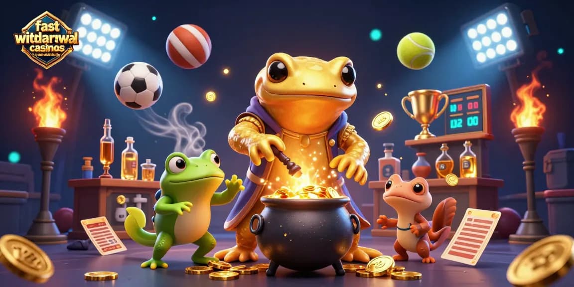 Engage with fast withdrawal casinos in Australia featuring a golden salamander alchemist and vibrant sports elements.