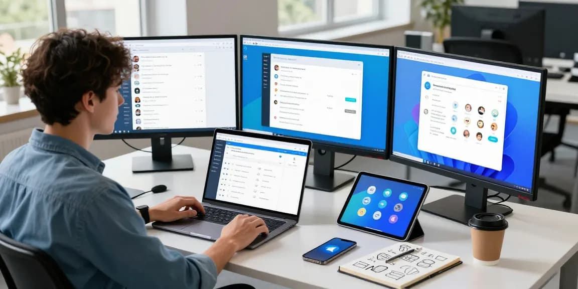 Discover Telegram Download features on multiple screens in a modern workspace setup.