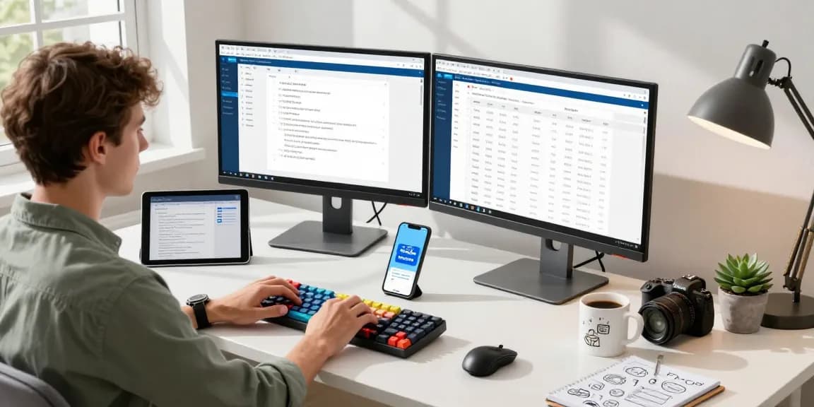 WPS Download scene featuring a focused professional using WPS Office on dual monitors in a modern home office, showcasing productivity.