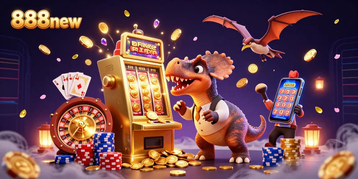 Experience the thrill of 888new as a pachycephalosaurus wins jackpots in a vibrant casino scene.