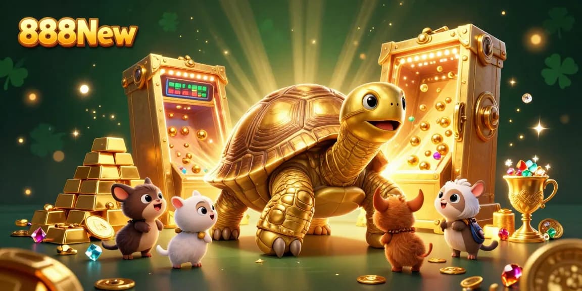 Watch 888New shine with a colossal tortoise pinball machine, bursting treasures in a vibrant casino scene.