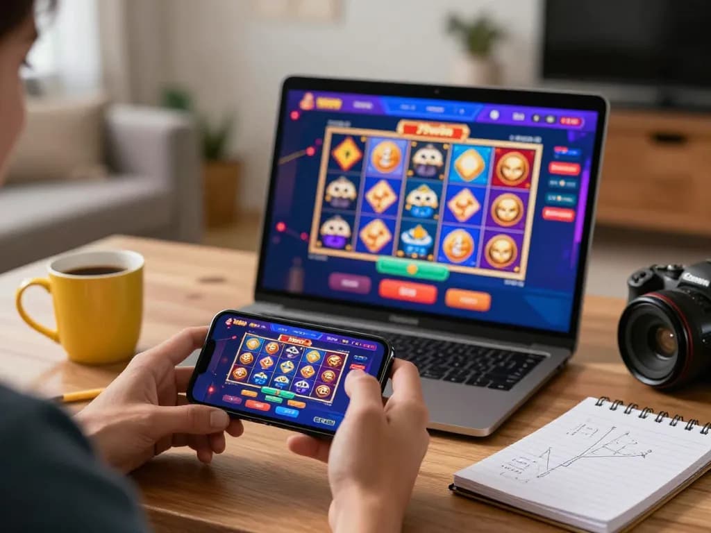 Engaging online gaming experience at 79win, showcasing vibrant casino app interface and cozy home setup.