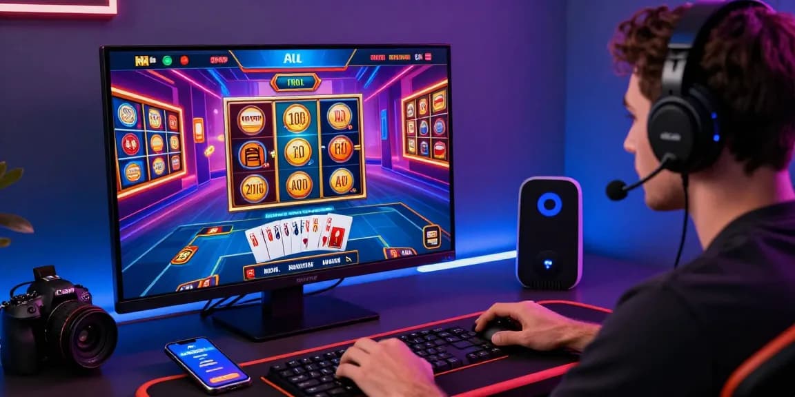 Giocatore che si diverte nei casino non AAMS online, configurazione di gioco vivace con slot machine e bonus.