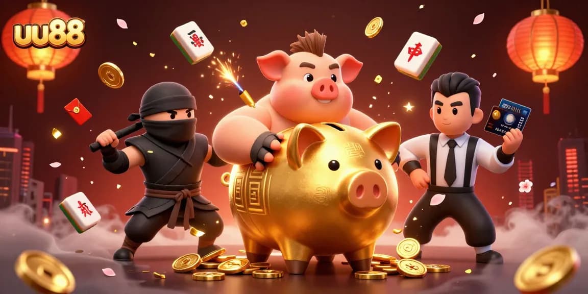 Win big with uu88 as a massive golden piggy bank sumo wrestler stomps for coins while a ninja challenges!