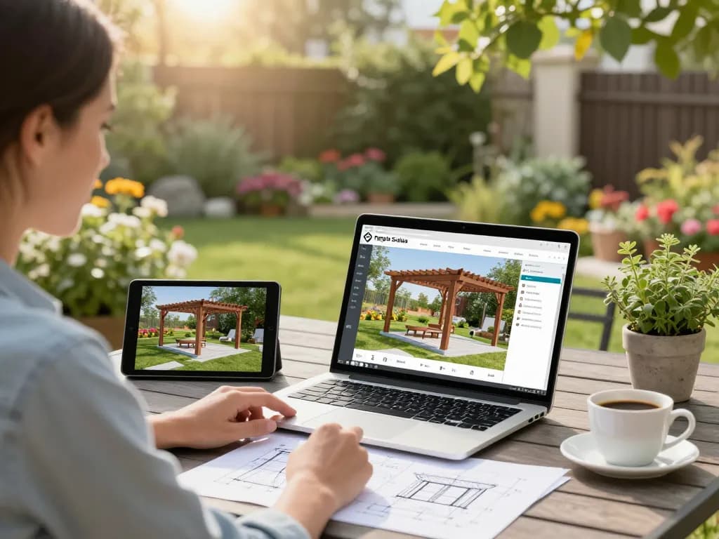 Customer using Pergola Sales Software to visualize a 3D pergola design in an outdoor garden setting