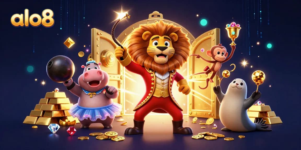 Win big with alo8 at this vibrant casino-themed 3D carnival featuring exciting characters and treasures.