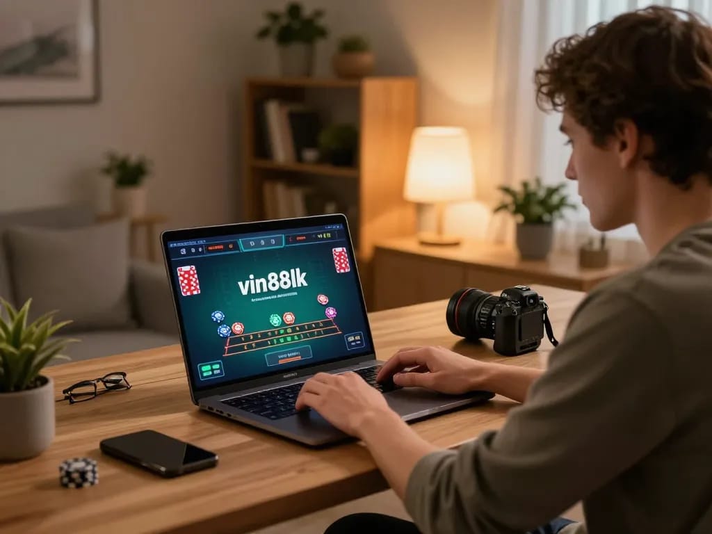 Engaging in strategic betting on vin88lk with a laptop at a comfortable home office.