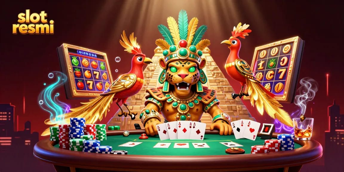 Engage with slot resmi in an energetic scene featuring a Mayan jaguar priest and vibrant casino elements.