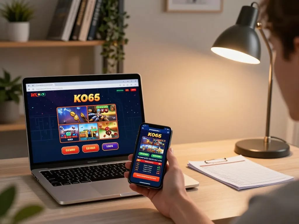Tương tác với ứng dụng casino KO66 trên điện thoại thông minh trong một không gian văn phòng thoải mái cho cờ bạc có trách nhiệm.