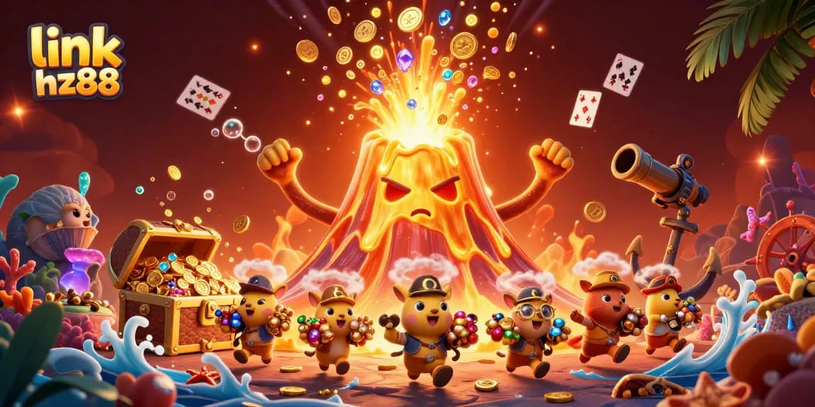 Experience the excitement of winning at link Hz88 featuring vibrant 3D casino treasures and golden volcano.