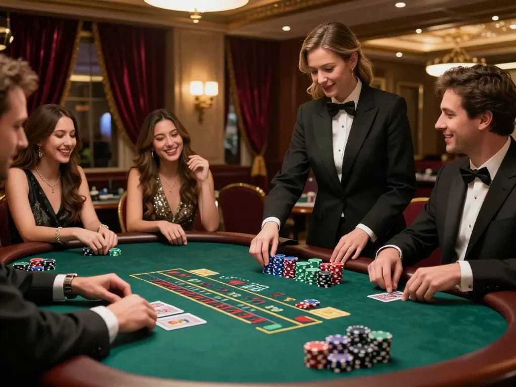 Players engage in dynamic blackjack gameplay at bom88, showcasing strategic bets and excitement.