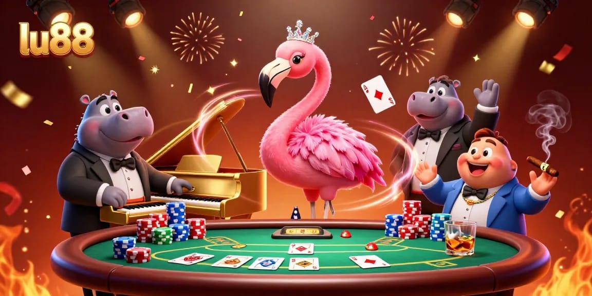 Experience the vibrant nightlife at lu88 with colorful casino characters and exciting gaming elements.