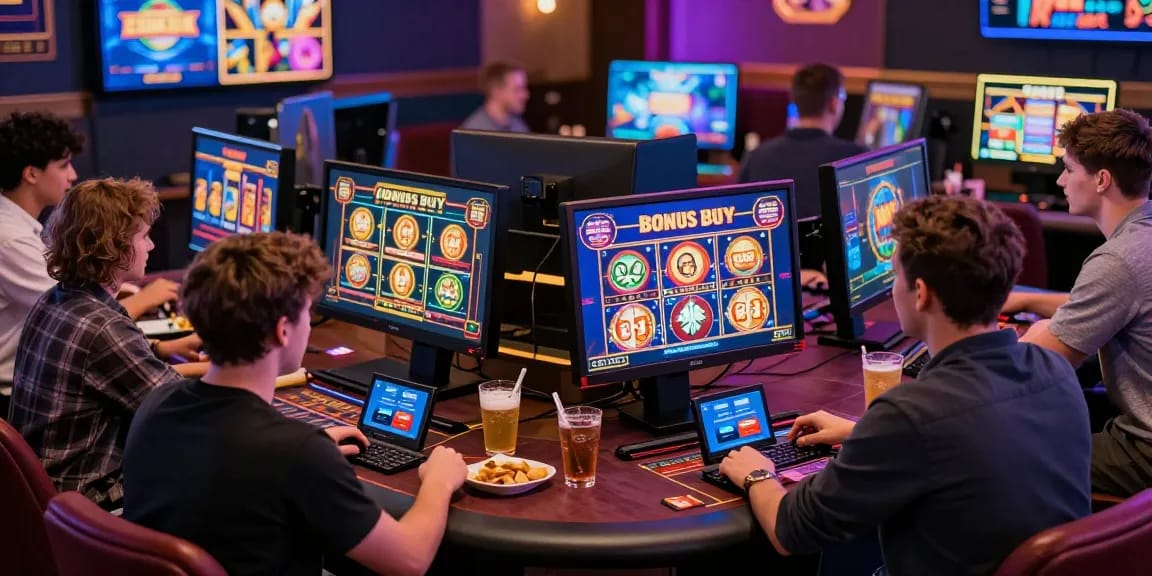 Engaged players enjoying their time at UK casinos not on GamStop while accessing a variety of games including Bonus Buy slots.