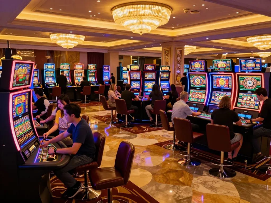 An excited group plays slots and roulette at 888b casino, experiencing thrilling wins in a vibrant atmosphere.