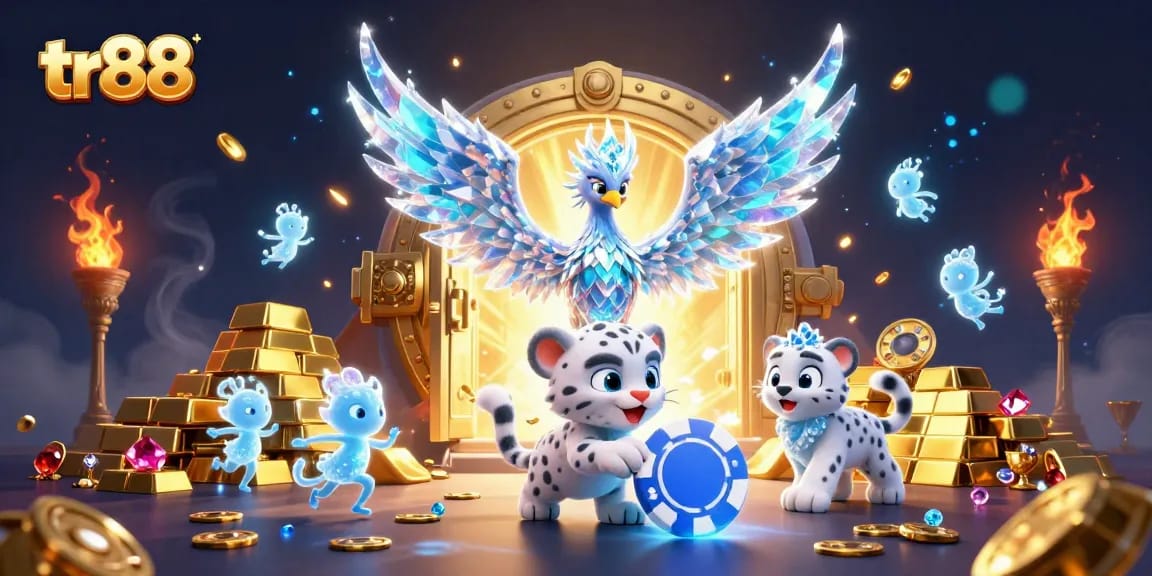 Experience excitement with tr88 at a vibrant casino, featuring an ice phoenix and treasures.