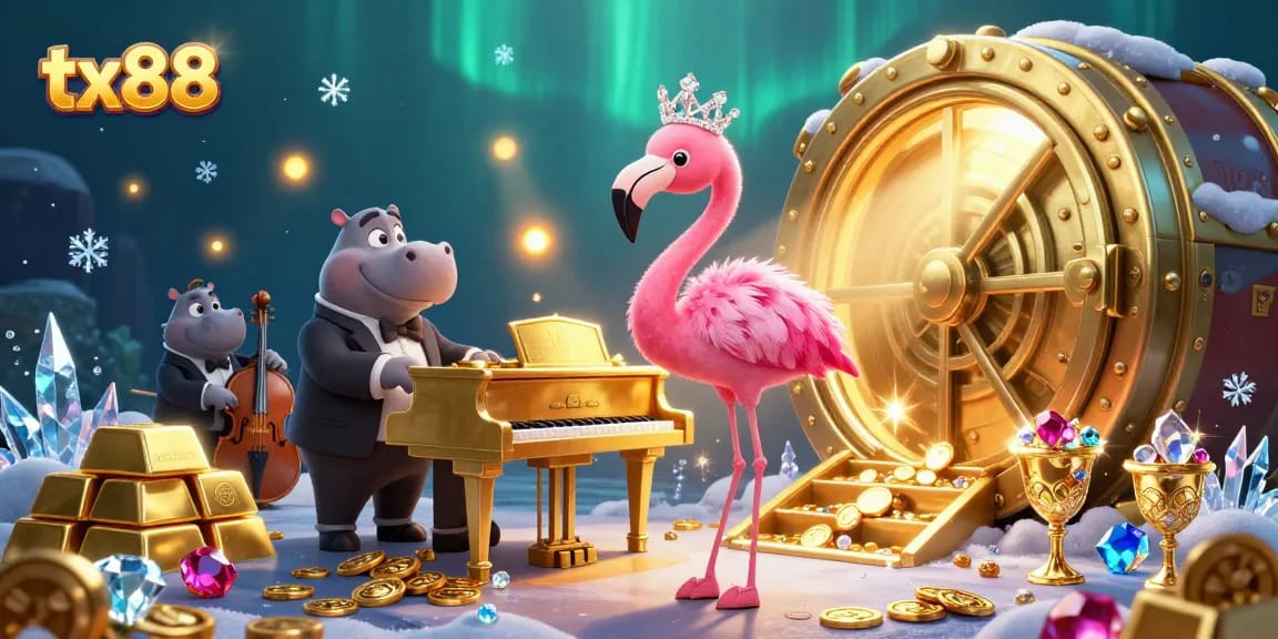 Experience the vibrant energy of tx88 with a lively 3D casino scene full of treasures and performers.