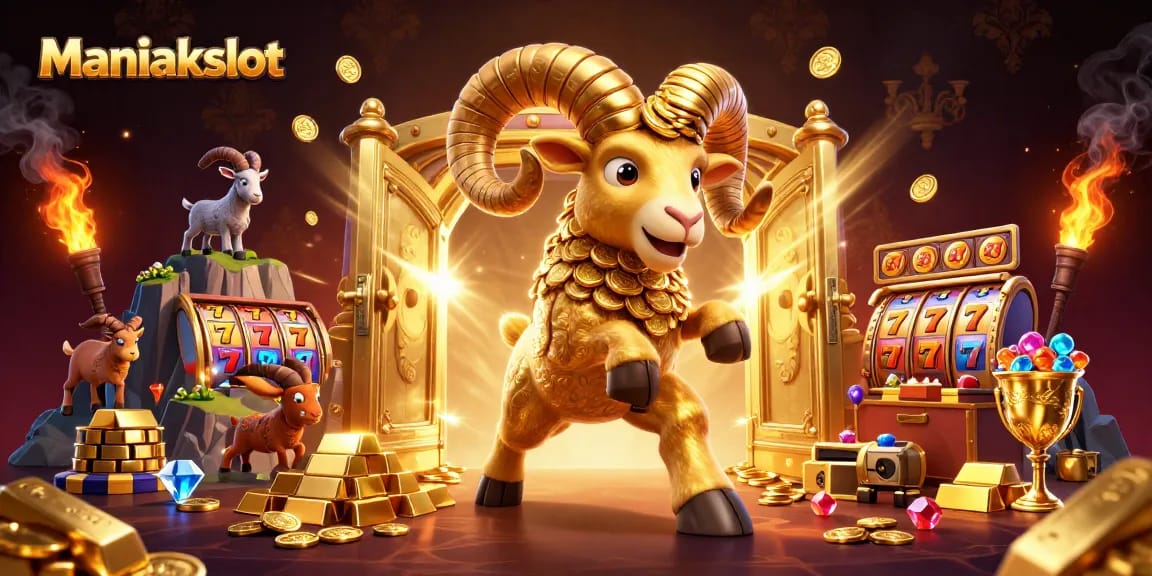 Engage with Maniakslot's exhilarating 3D casino world featuring golden jackpots and vibrant game elements.