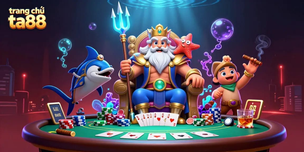 Experience the thrilling action at trang chủ ta88 with Neptune and poker elements in a vibrant casino scene.