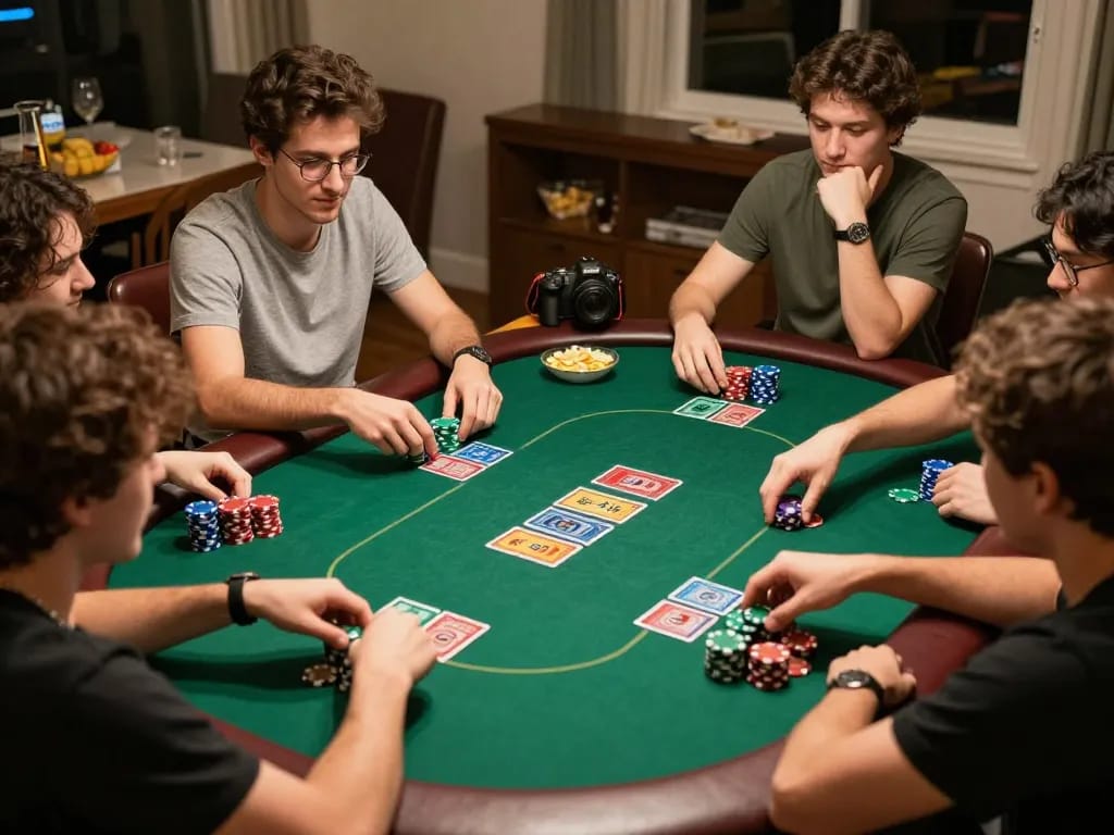 8day poker game night with friends playing Texas Hold'em at home, showcasing excitement and strategy.