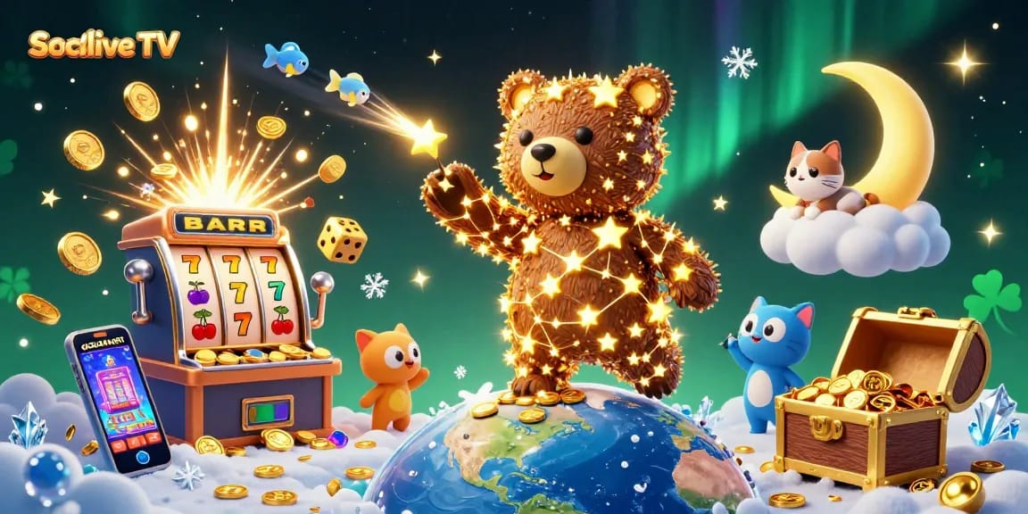 Socolive TV showcases a vibrant interactive scene with a constellation bear and casino elements, highlighting engaging gaming action.