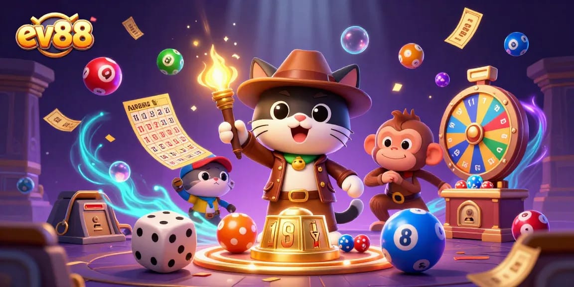 ev88 showcases an archaeologist cat discovering golden casino artifacts amidst vibrant gambling elements.